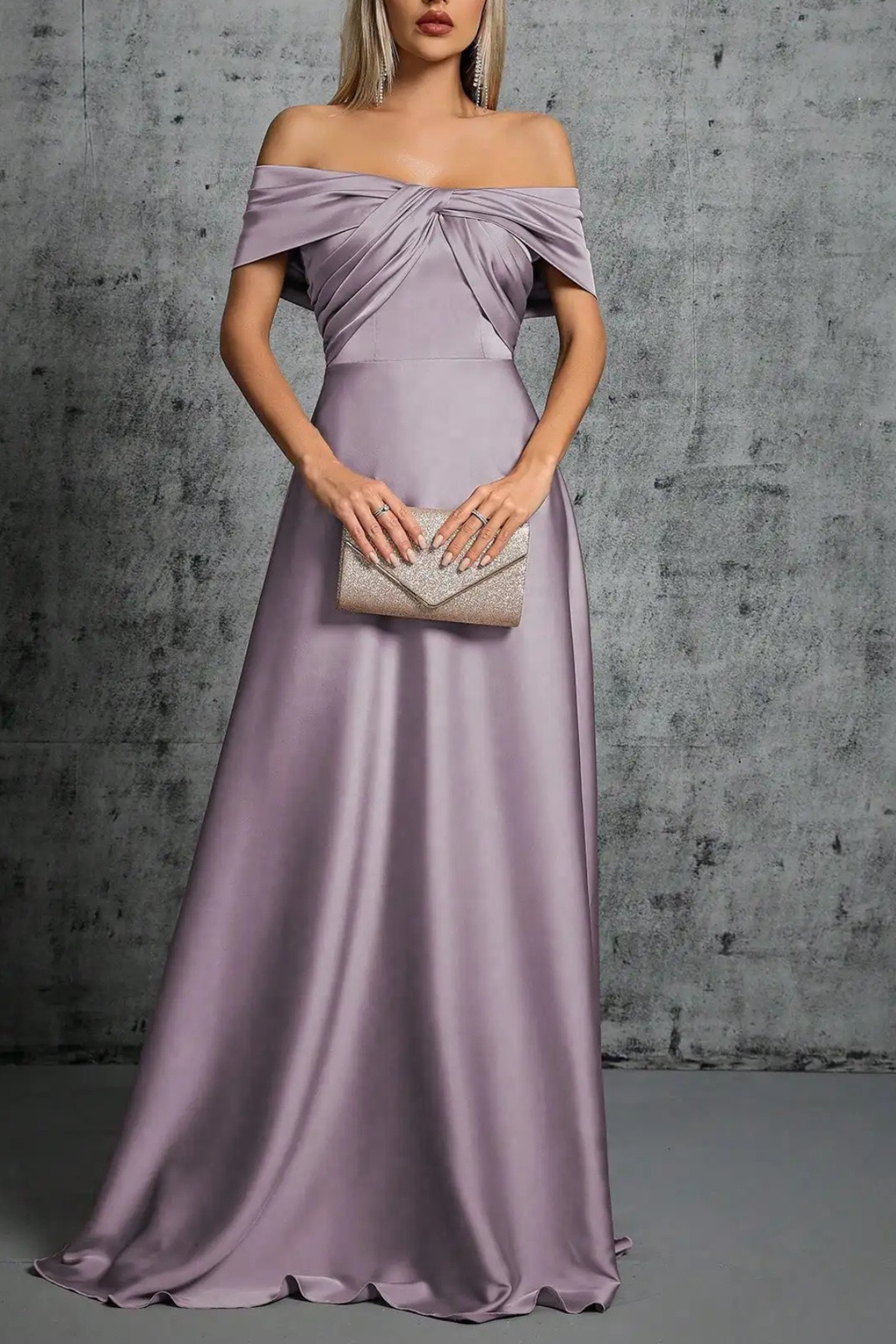 Rita Dusty Purple Satin Off‑Shoulder Twist Dress Avalabel
