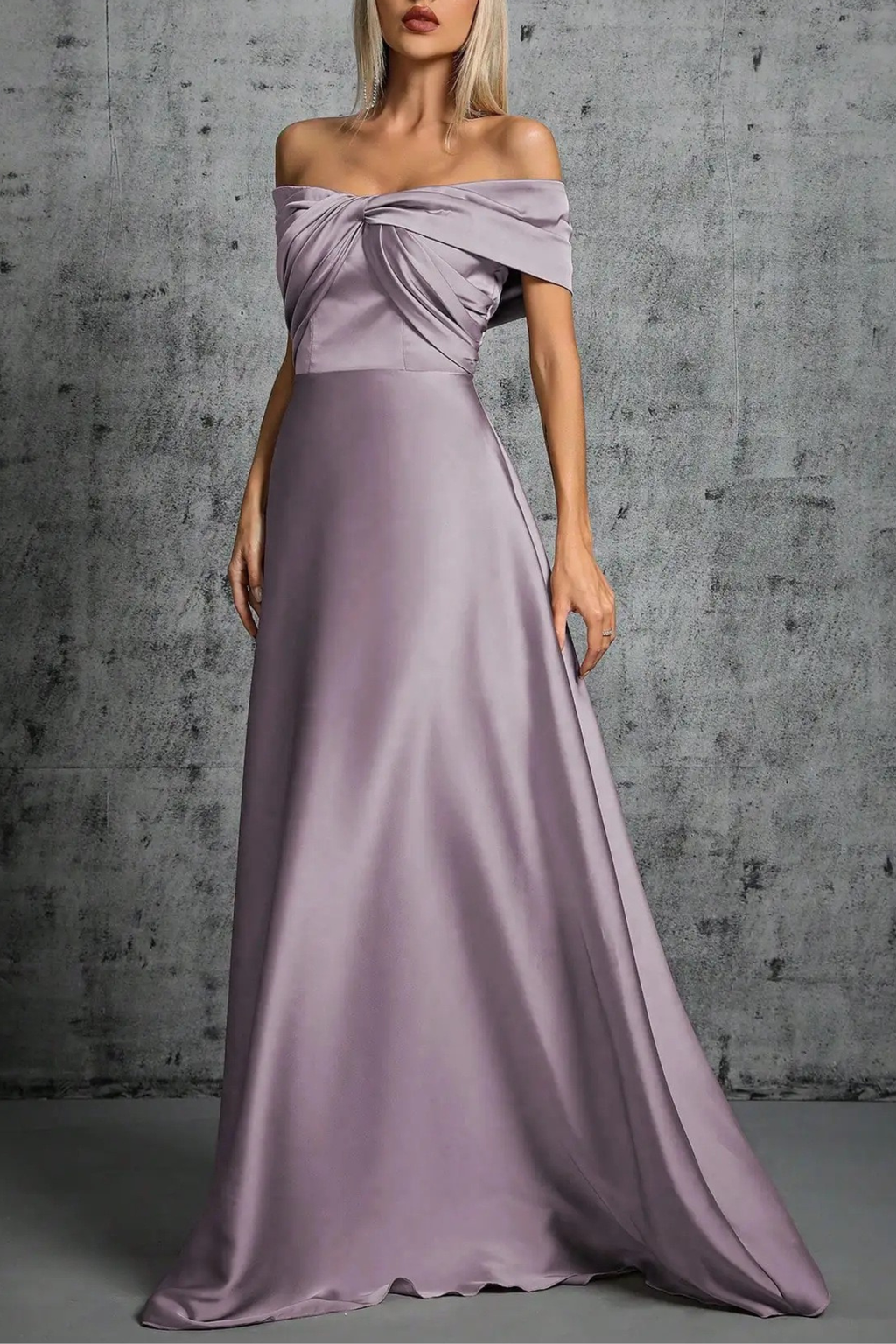 Rita Dusty Purple Satin Off‑Shoulder Twist Dress Avalabel