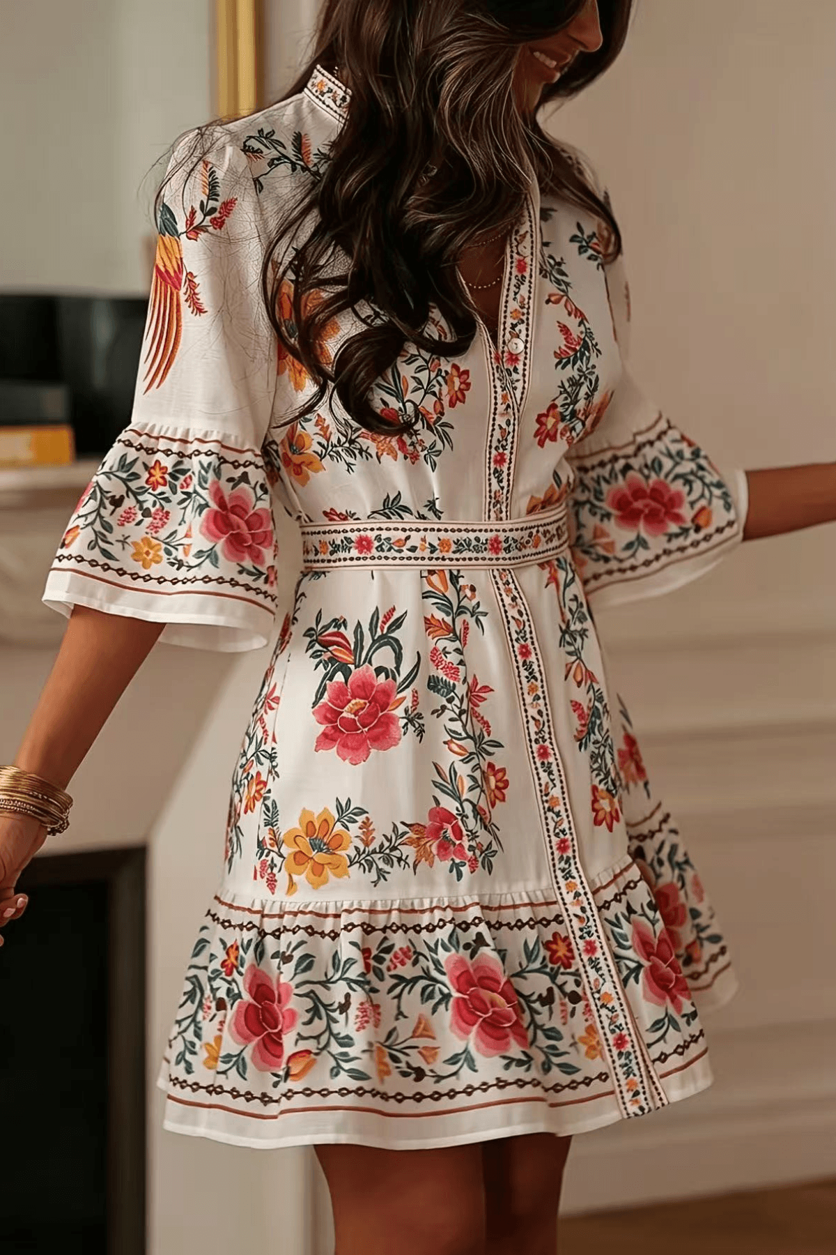 Border Print Floral Boho Mini Dress Avalabel