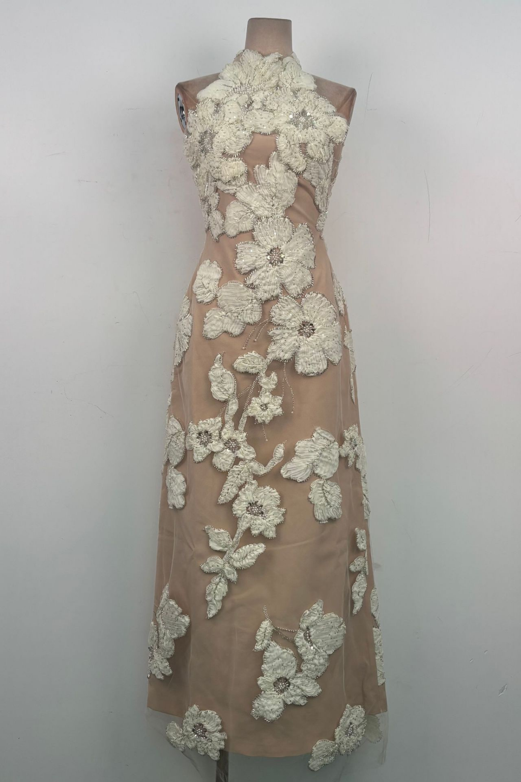 Elena Halter Neck 3D Floral Lace Beige Maxi Dress Avalabel