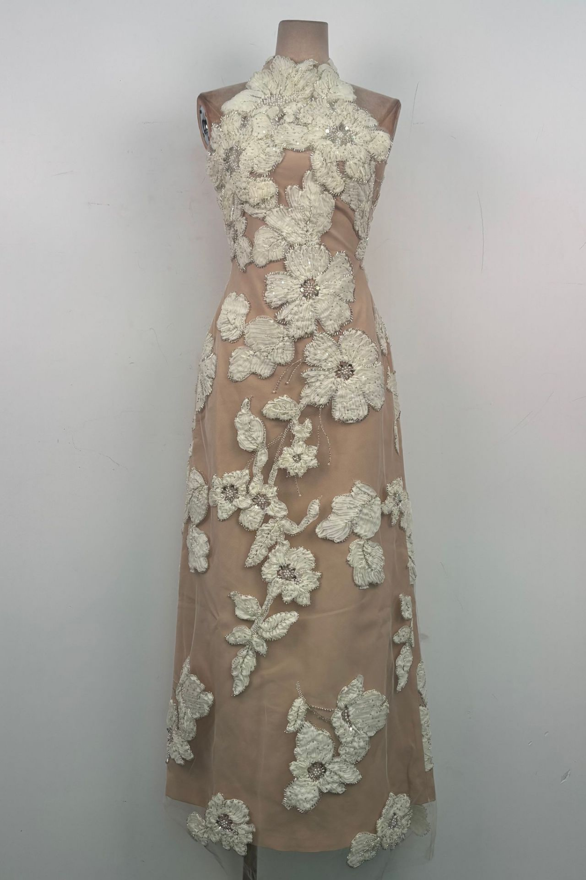 Elena Halter Neck 3D Floral Lace Beige Maxi Dress Avalabel