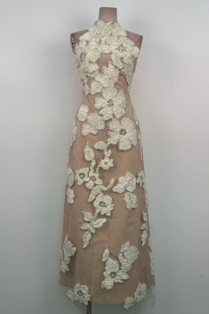 Elena Halter Neck 3D Floral Lace Beige Maxi Dress Avalabel