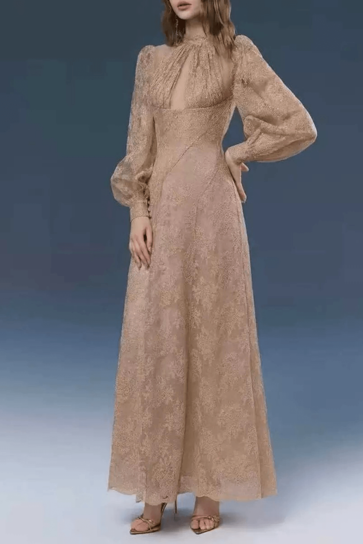 Elsa Puff Sleeve Gold Lace Maxi Dress Avalabel