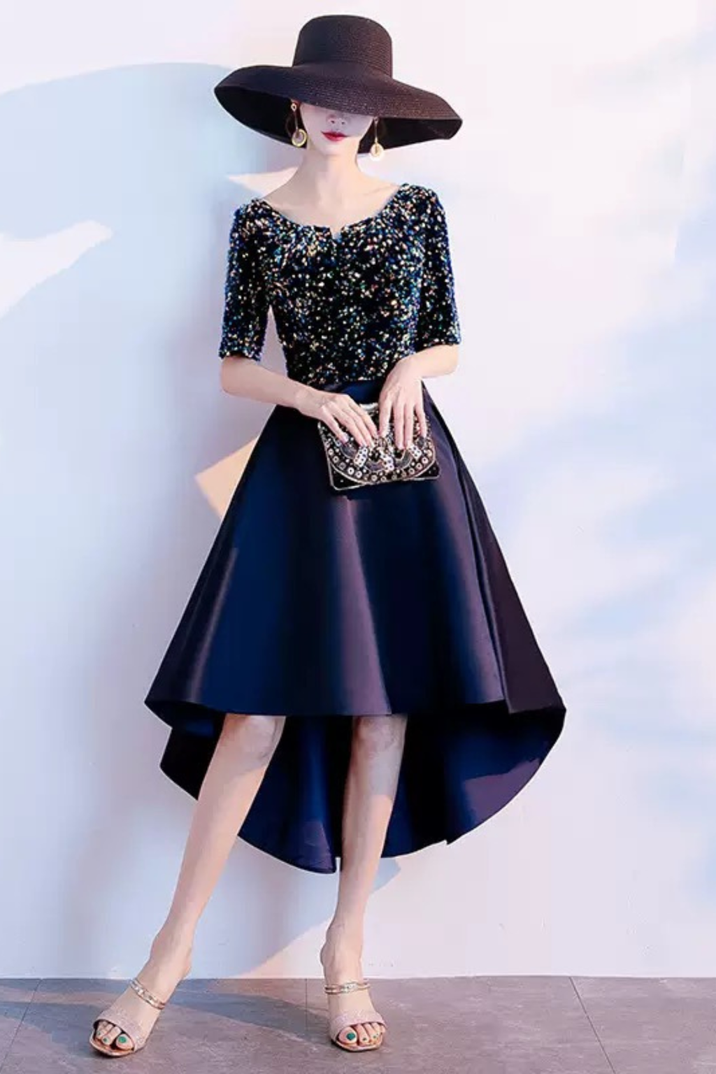 Penny Navy Sequin Velvet High‑Low Midi Dress Avalabel