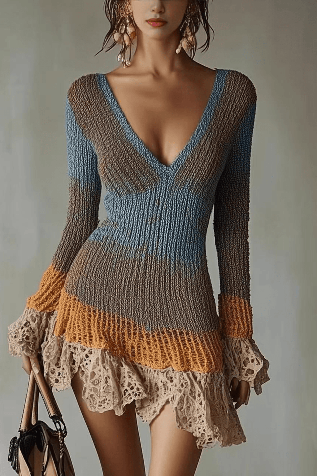 Adeline Patchwork Knit Lace Ruffle Bodycon Mini Dress Avalabel