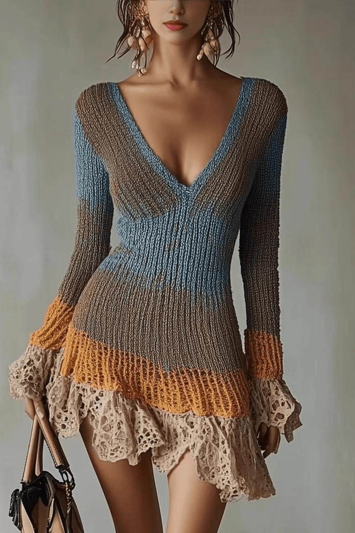 Adeline Patchwork Knit Lace Ruffle Bodycon Mini Dress Avalabel