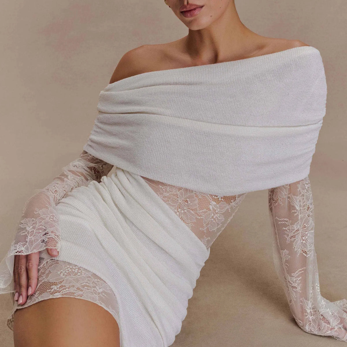 White lace strapless spliced knitted mini dress Avalabel