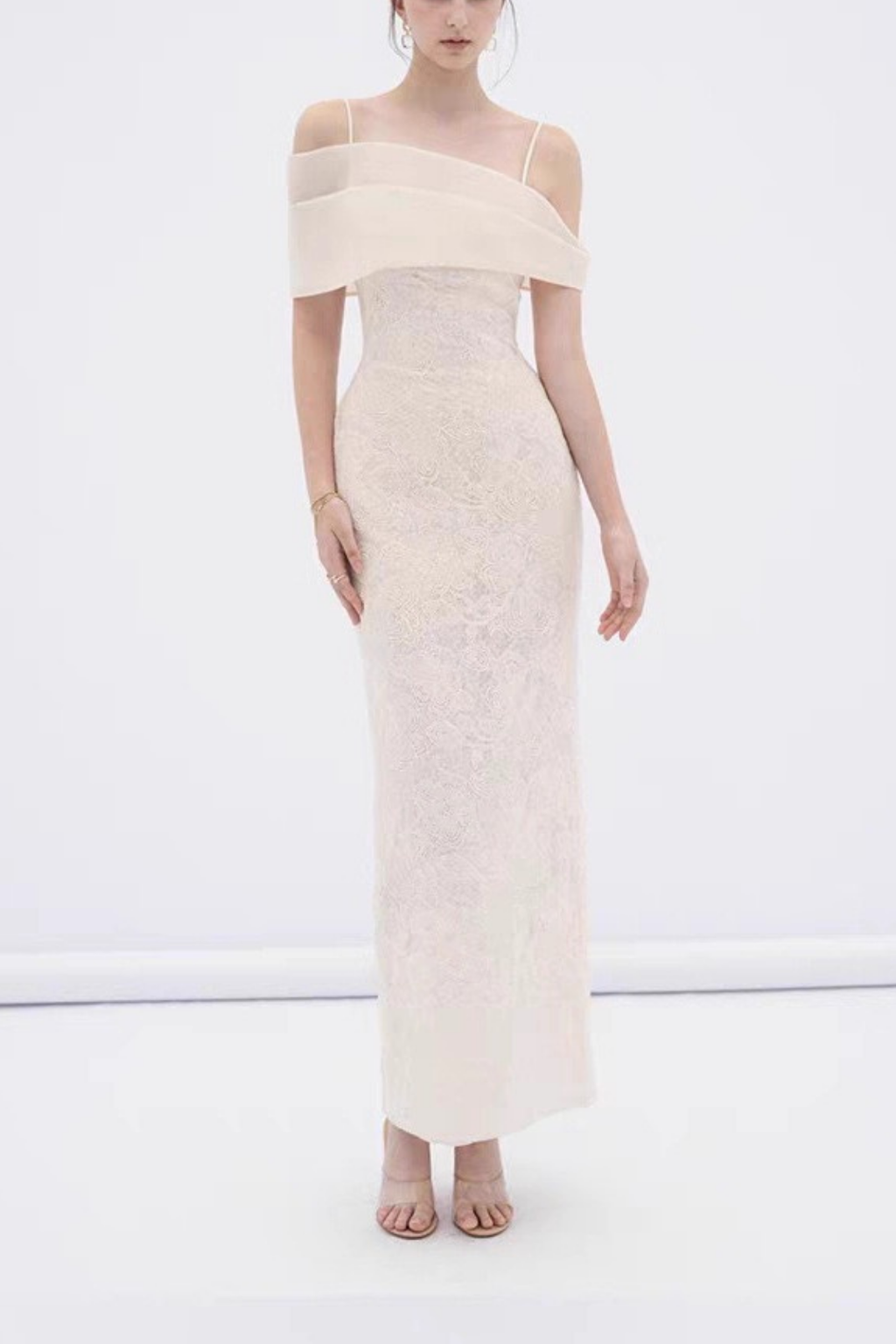 Hazel Asymmetrical Off Shoulder Spaghetti Strap Lace Midi Formal Dress Avalabel