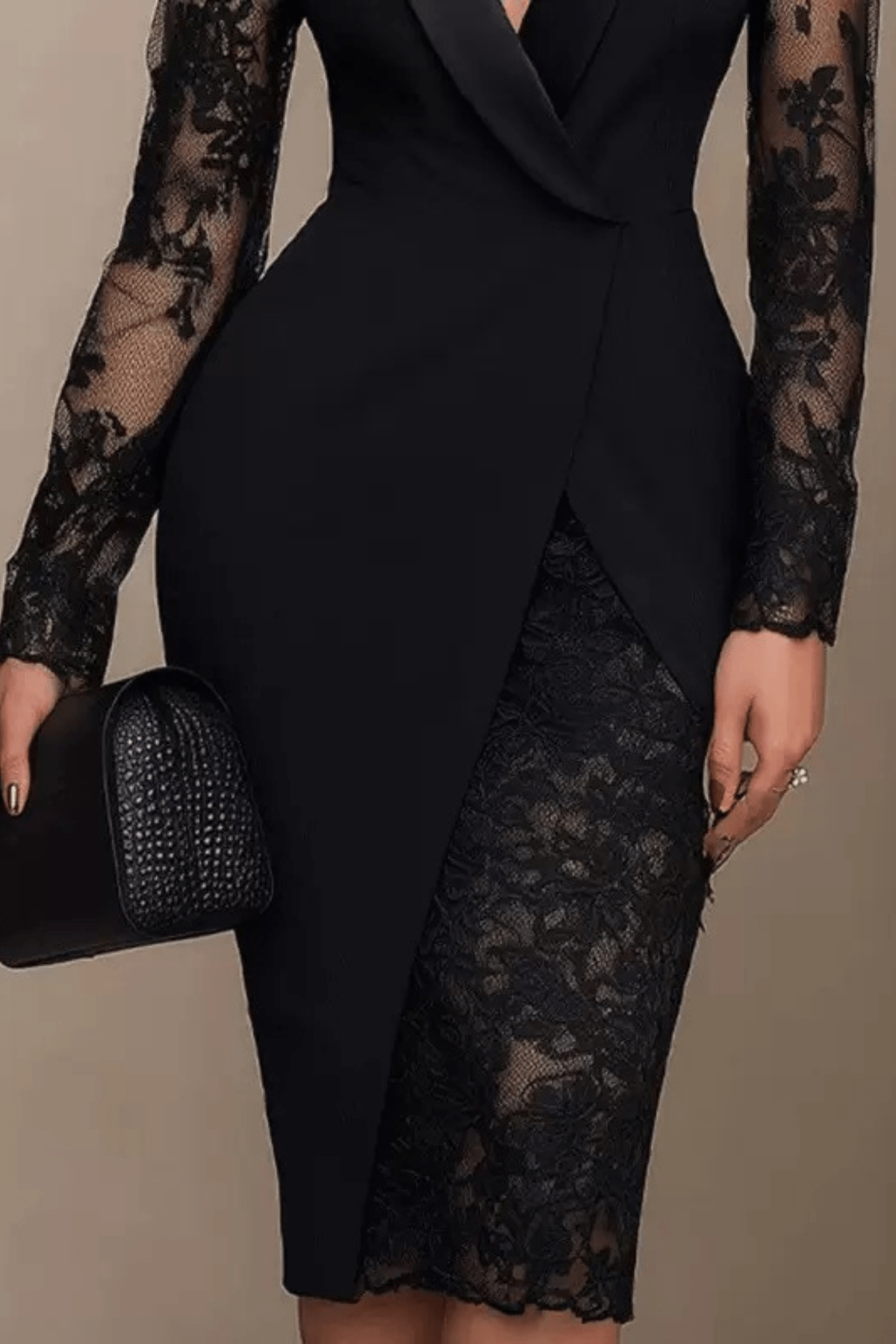 Seren Black Satin Lapel Lace Sleeve Asymmetric Dress Avalabel