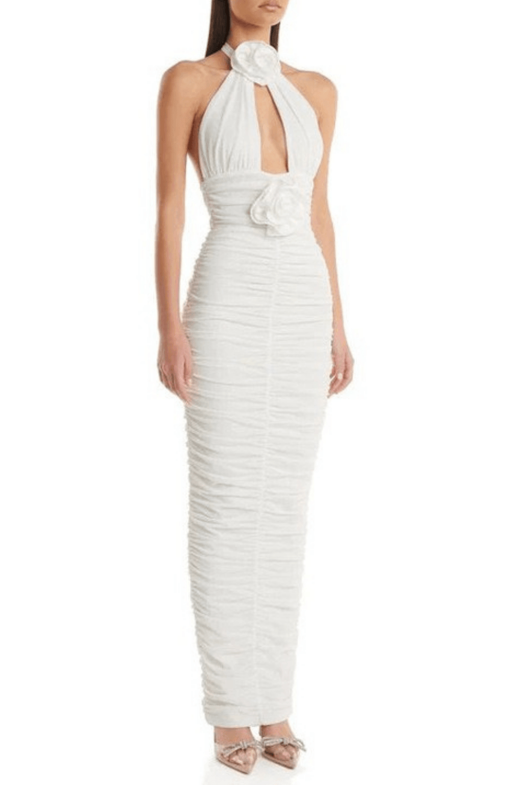 Karin White Halter Ruched Bodycon Maxi Dress Avalabel