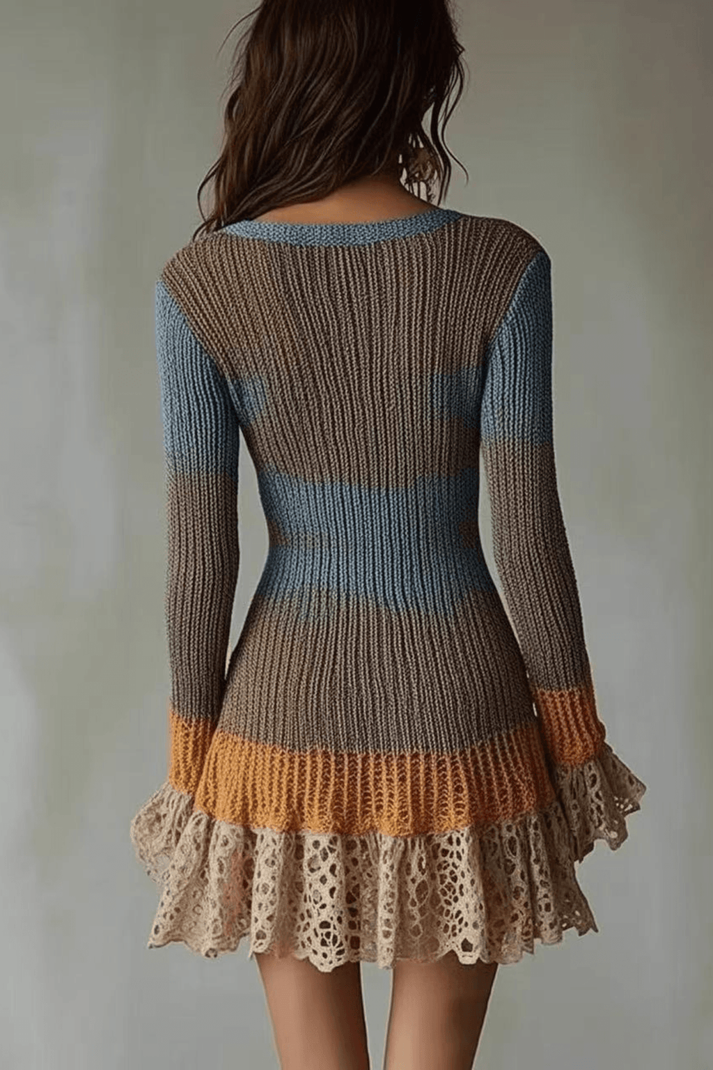 Adeline Patchwork Knit Lace Ruffle Bodycon Mini Dress Avalabel