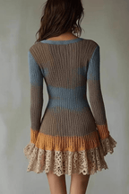 Adeline Patchwork Knit Lace Ruffle Bodycon Mini Dress Avalabel