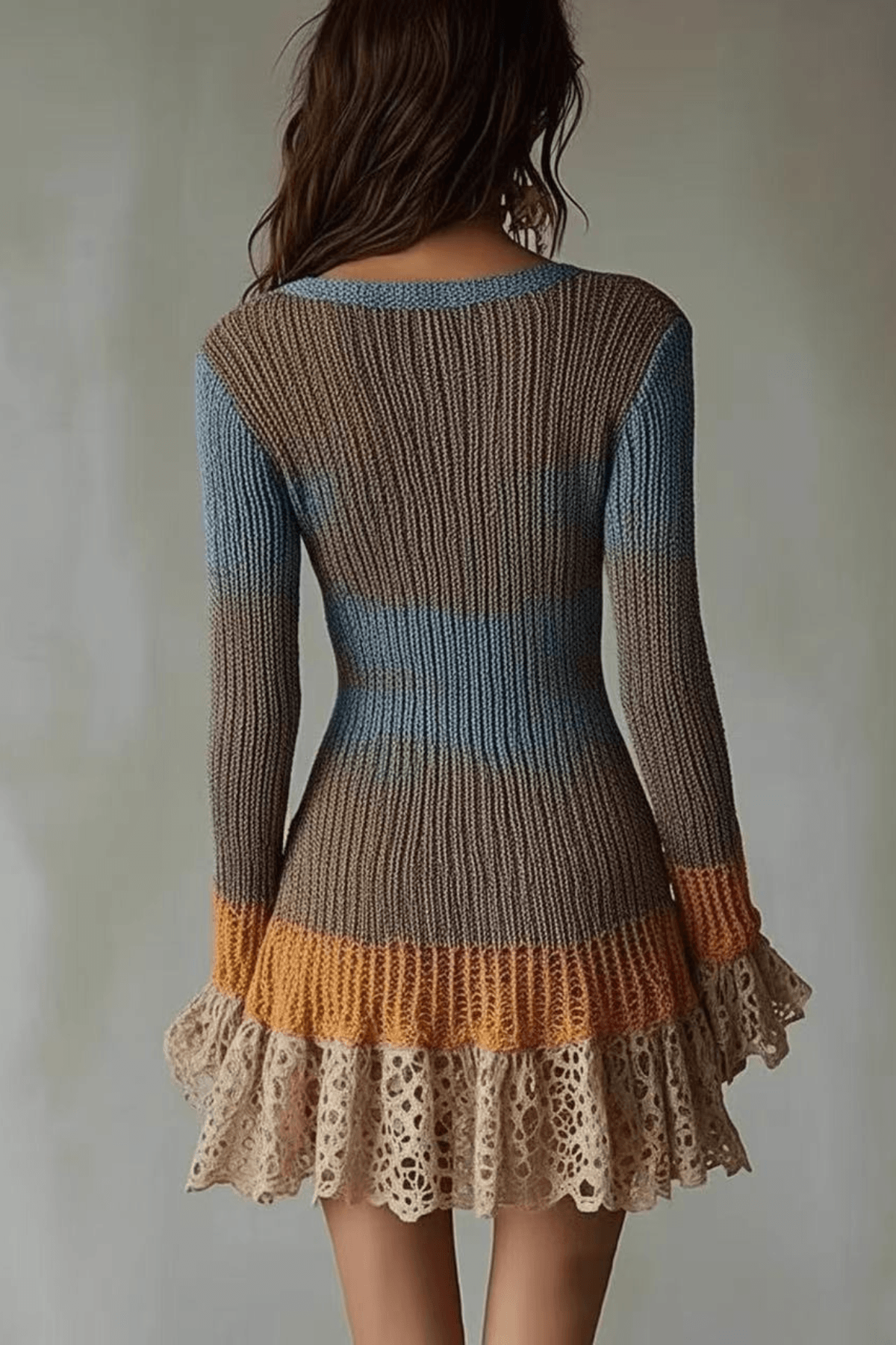 Adeline Patchwork Knit Lace Ruffle Bodycon Mini Dress Avalabel