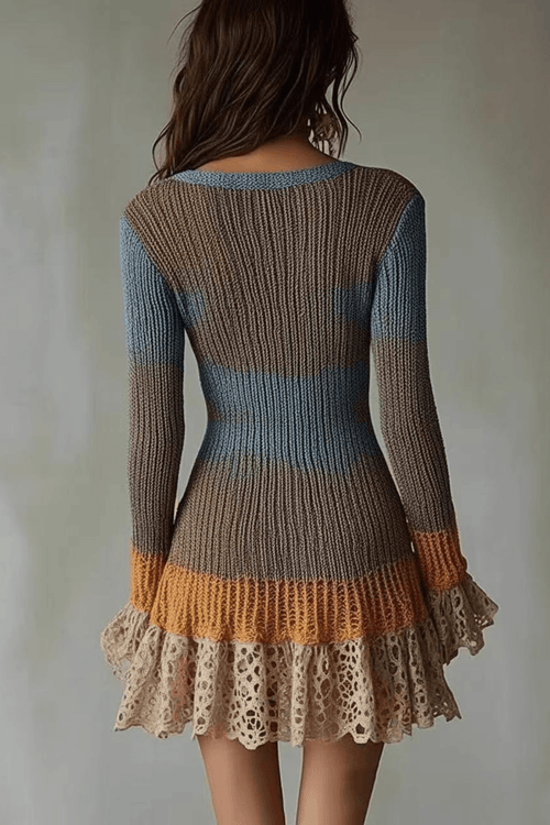 Adeline Patchwork Knit Lace Ruffle Bodycon Mini Dress Avalabel