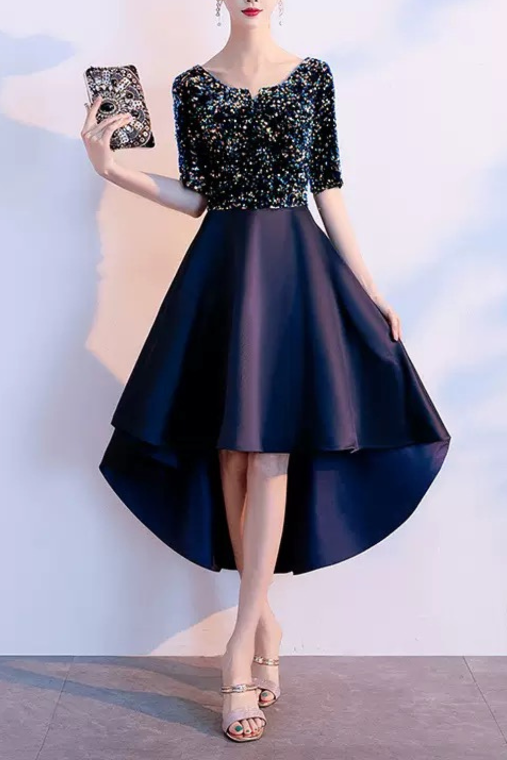 Penny Navy Sequin Velvet High‑Low Midi Dress Avalabel