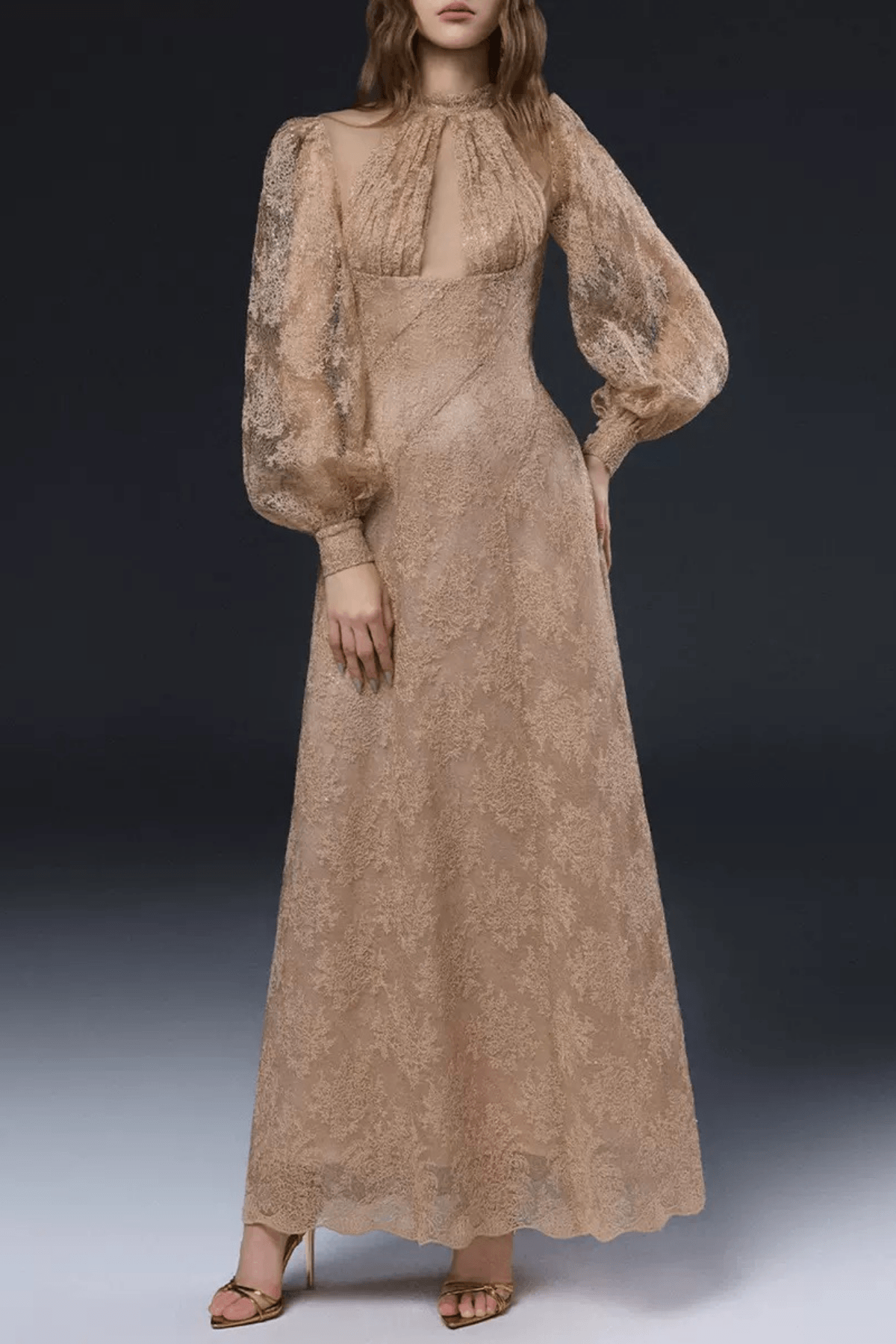 Elsa Puff Sleeve Gold Lace Maxi Dress Avalabel