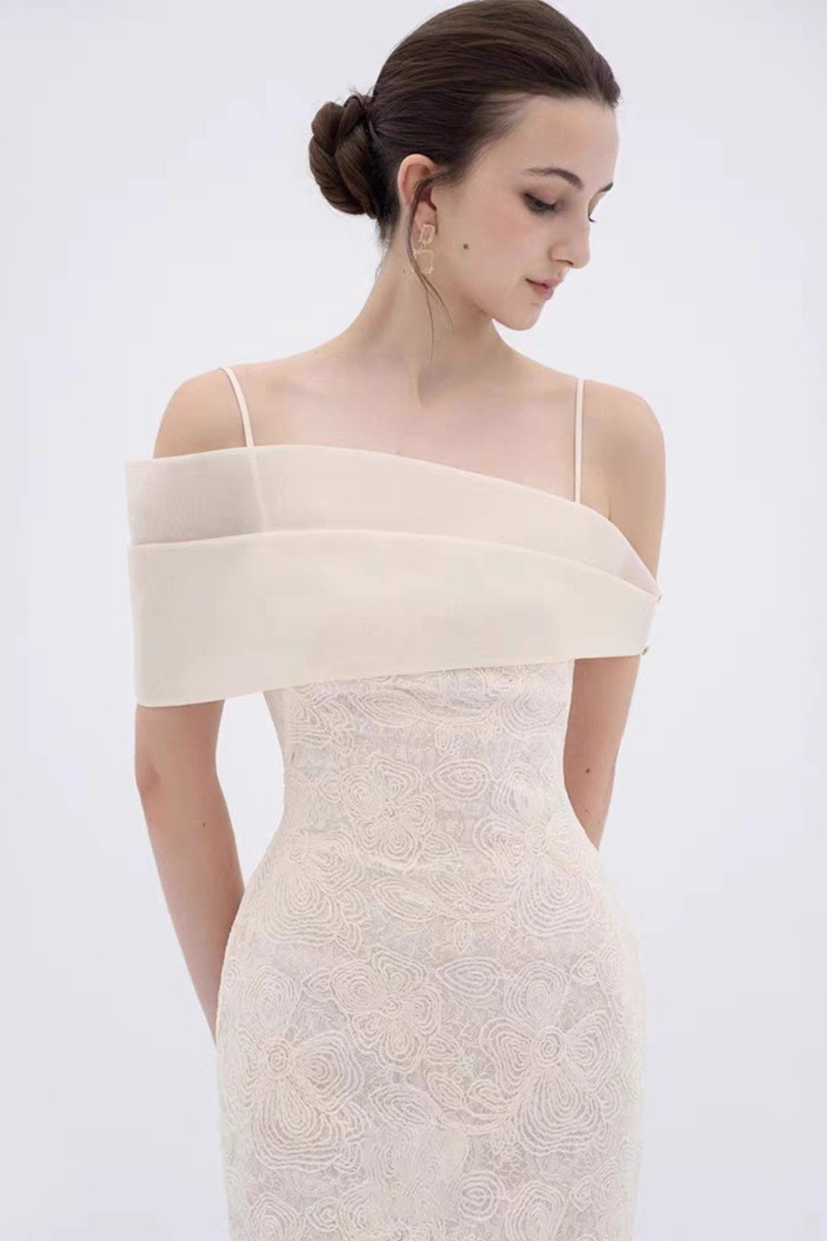 Hazel Asymmetrical Off Shoulder Spaghetti Strap Lace Midi Formal Dress Avalabel