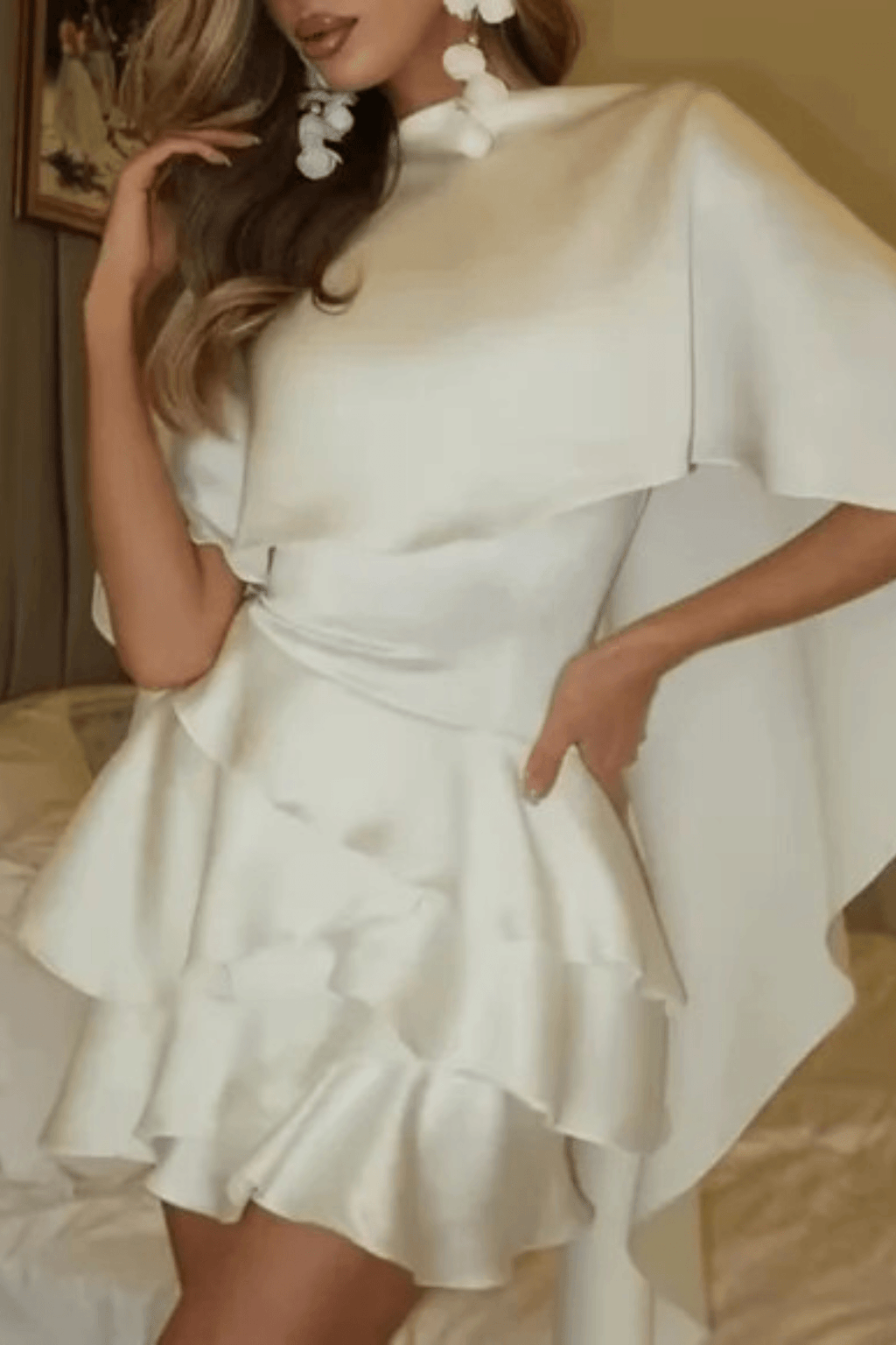 Adora White Cape Sleeve Open Back Ruffle Mini Dress Avalabel