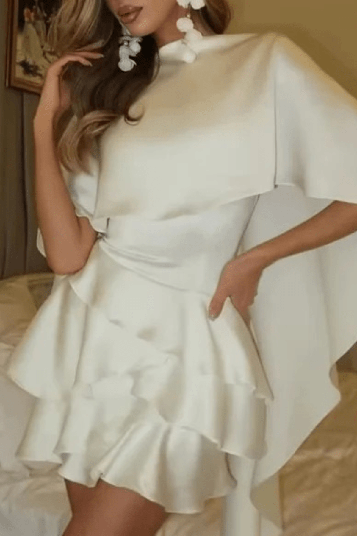 Adora White Cape Sleeve Open Back Ruffle Mini Dress Avalabel