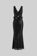 Sequin Maxi Dress With Satin Bow Detail - Black Avalabel