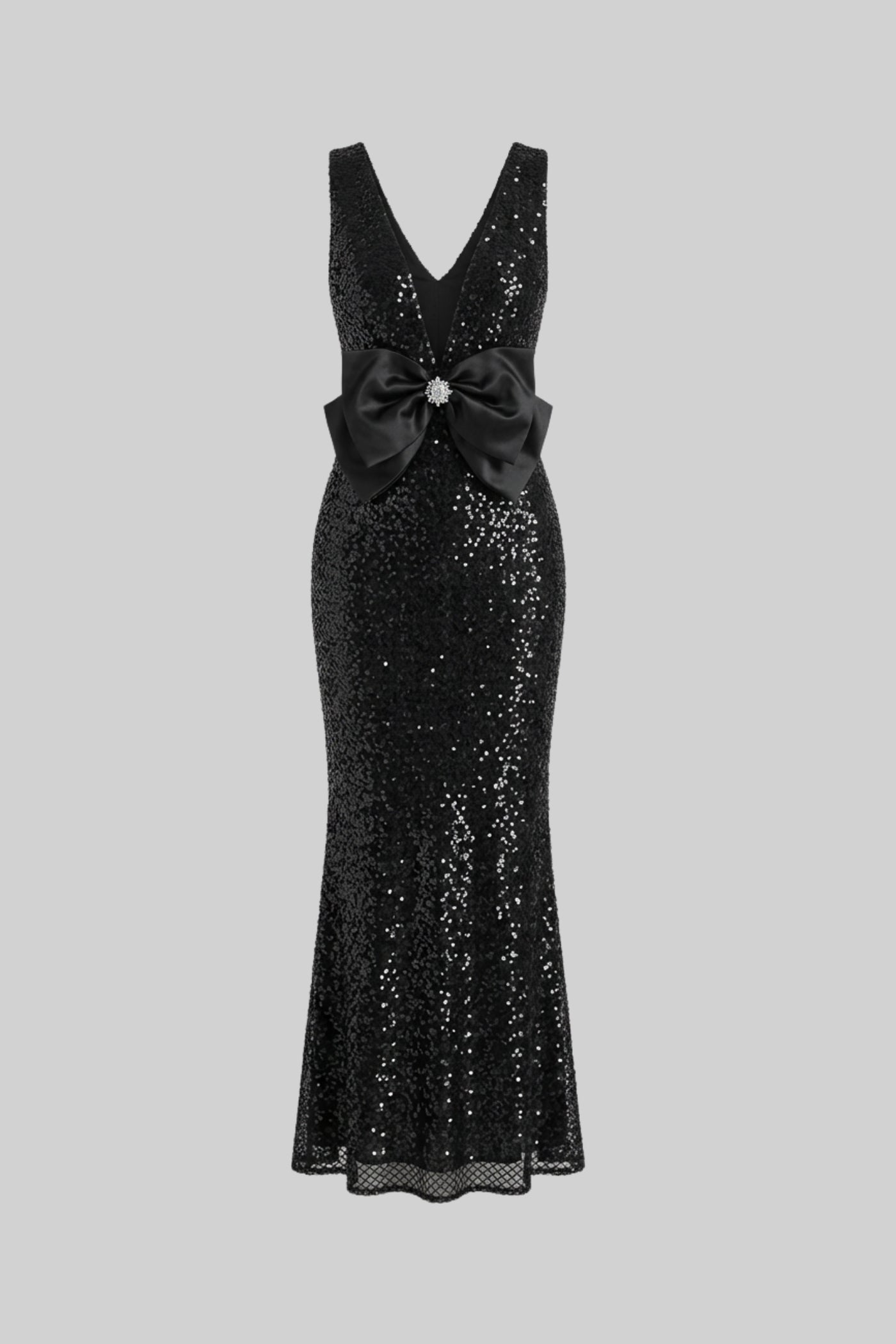 Sequin Maxi Dress With Satin Bow Detail - Black Avalabel