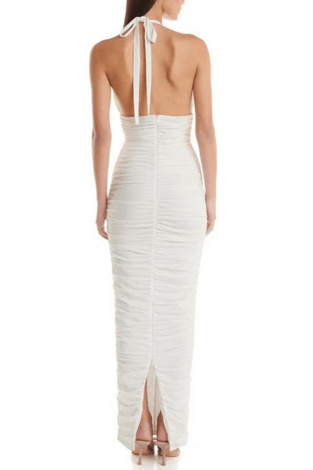 Karin White Halter Ruched Bodycon Maxi Dress Avalabel