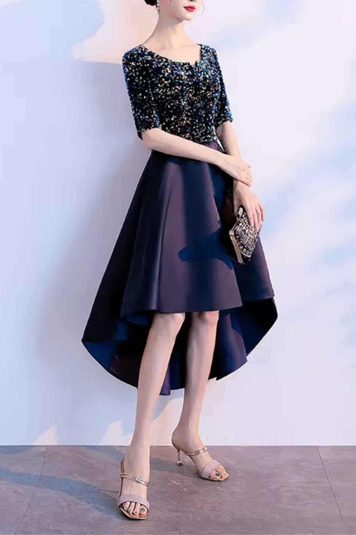Penny Navy Sequin Velvet High‑Low Midi Dress Avalabel