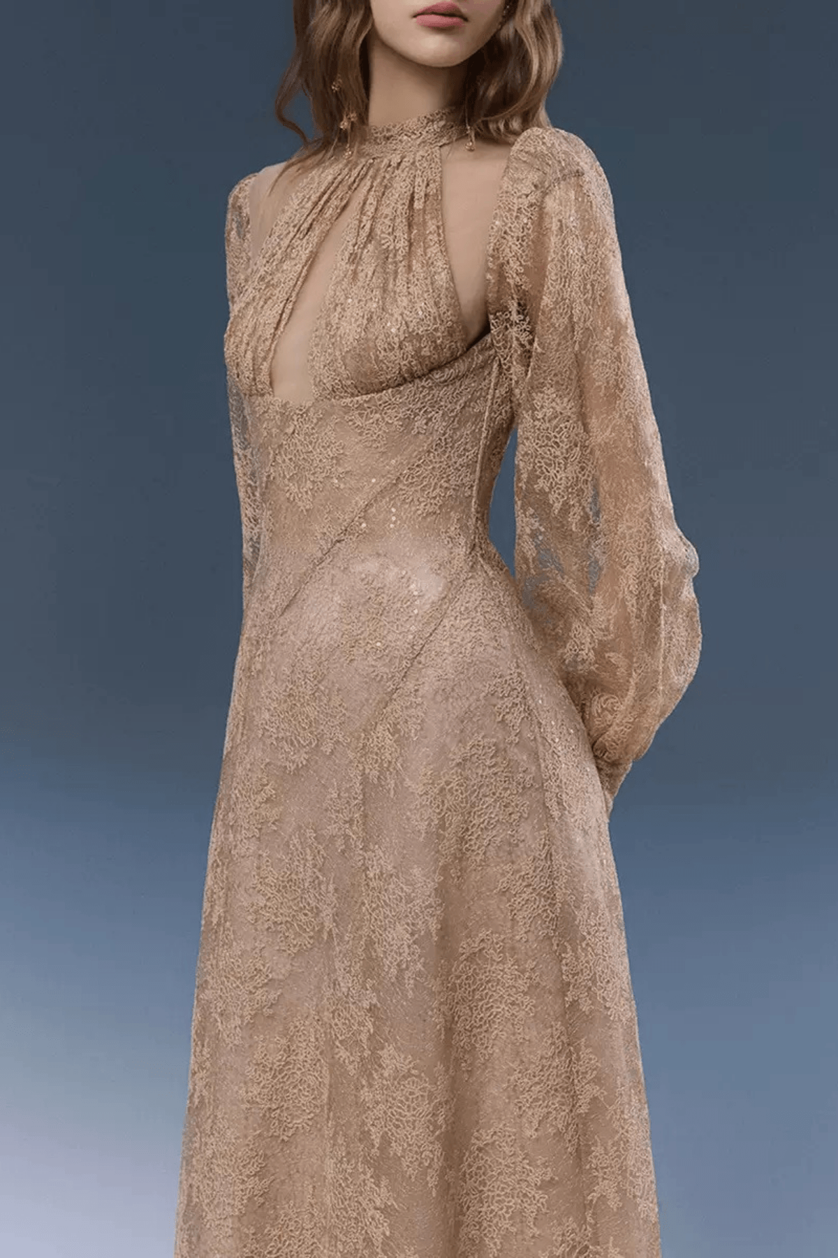 Elsa Puff Sleeve Gold Lace Maxi Dress Avalabel