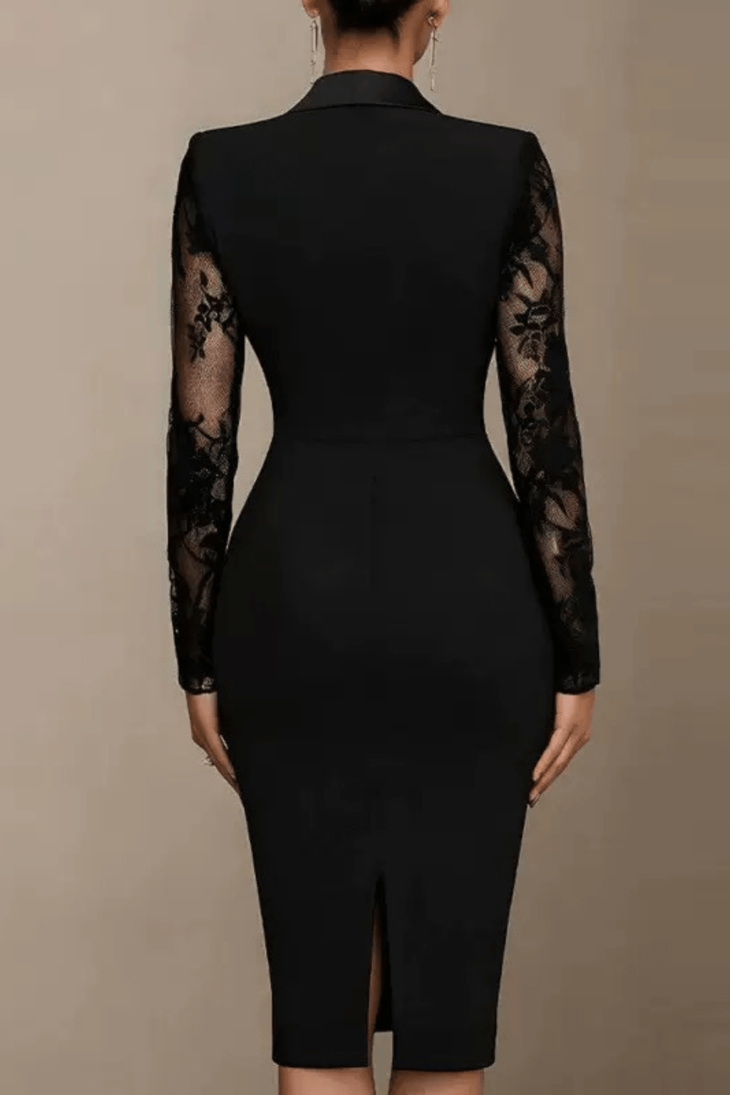 Seren Black Satin Lapel Lace Sleeve Asymmetric Dress Avalabel