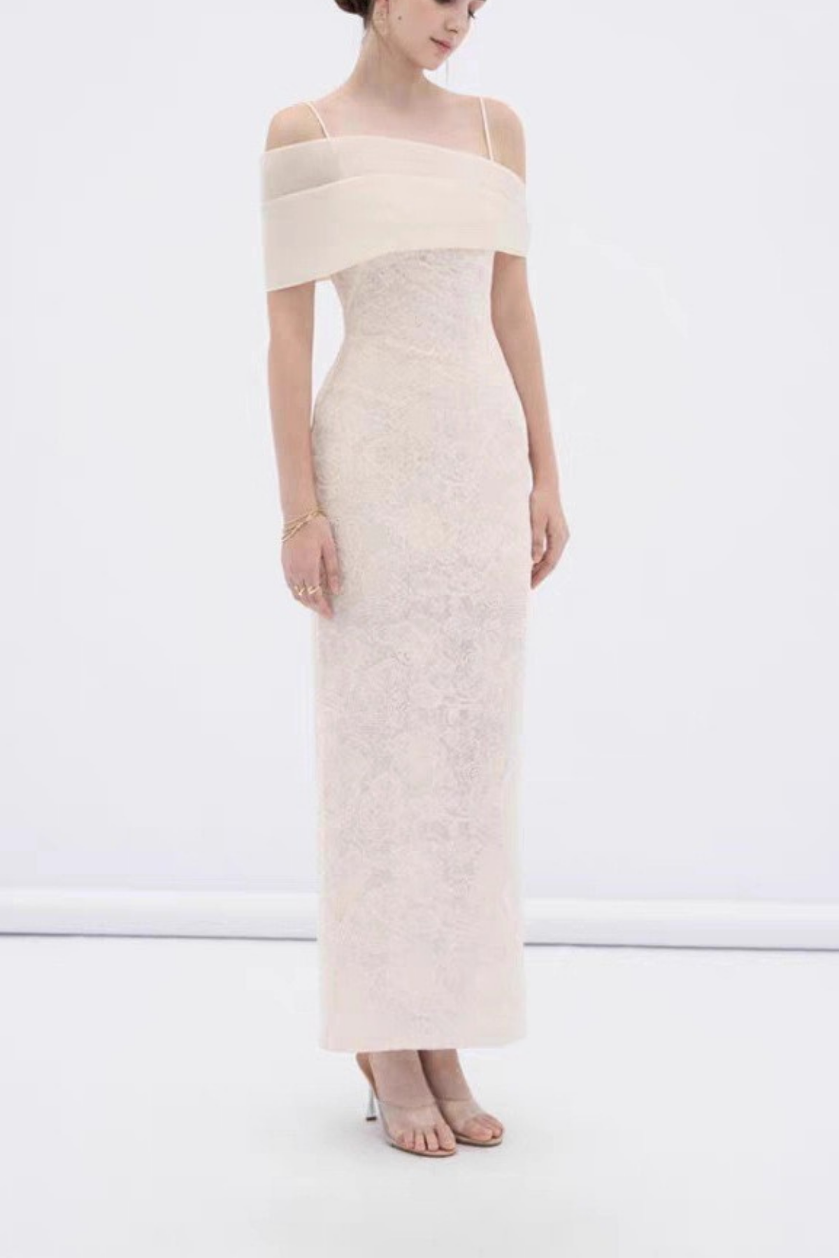 Hazel Asymmetrical Off Shoulder Spaghetti Strap Lace Midi Formal Dress Avalabel