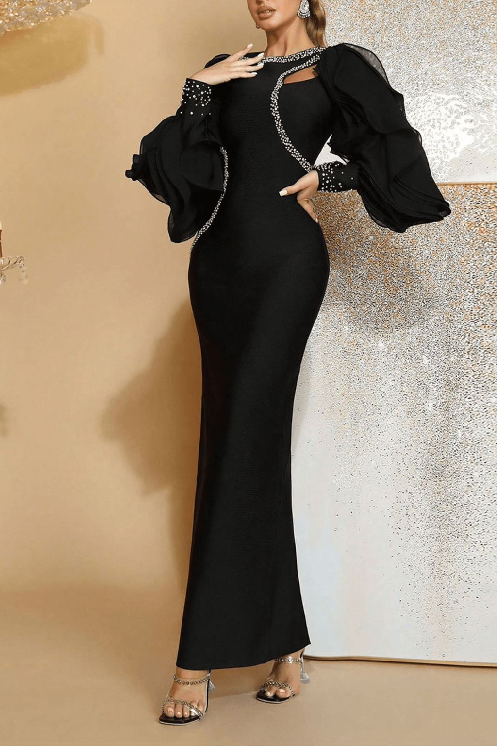 Vicky Ruffle Sleeve Rhinestone Cutout Bodycon Dress Avalabel