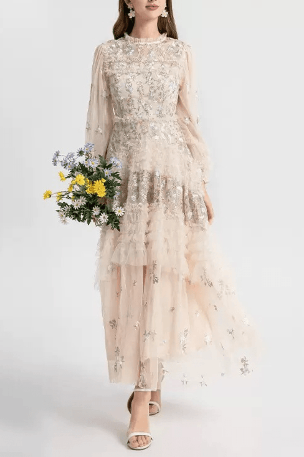 Lily Champagne Floral Embroidered Tiered Tulle Maxi Dress Avalabel