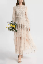 Lily Champagne Floral Embroidered Tiered Tulle Maxi Dress Avalabel