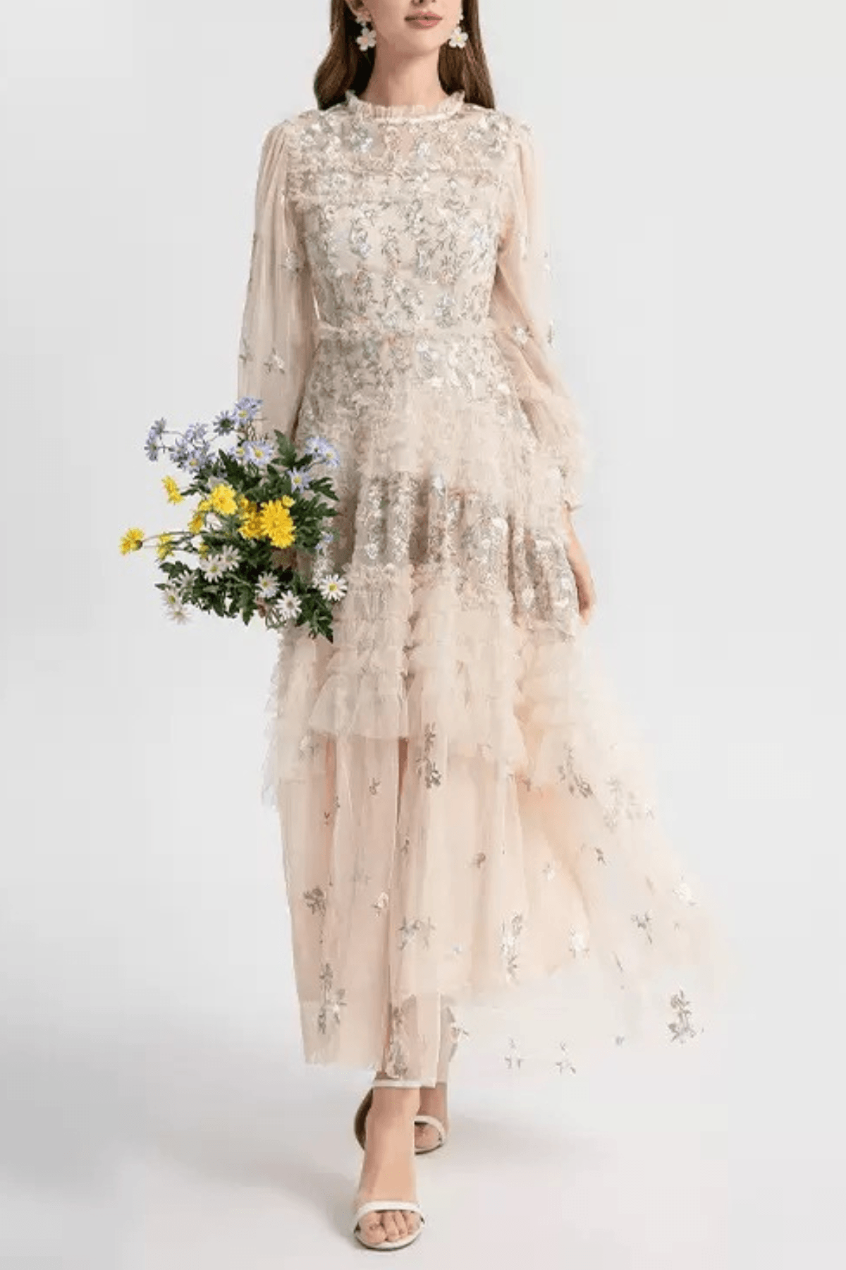 Lily Champagne Floral Embroidered Tiered Tulle Maxi Dress Avalabel