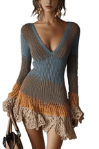Adeline Patchwork Knit Lace Ruffle Bodycon Mini Dress Avalabel