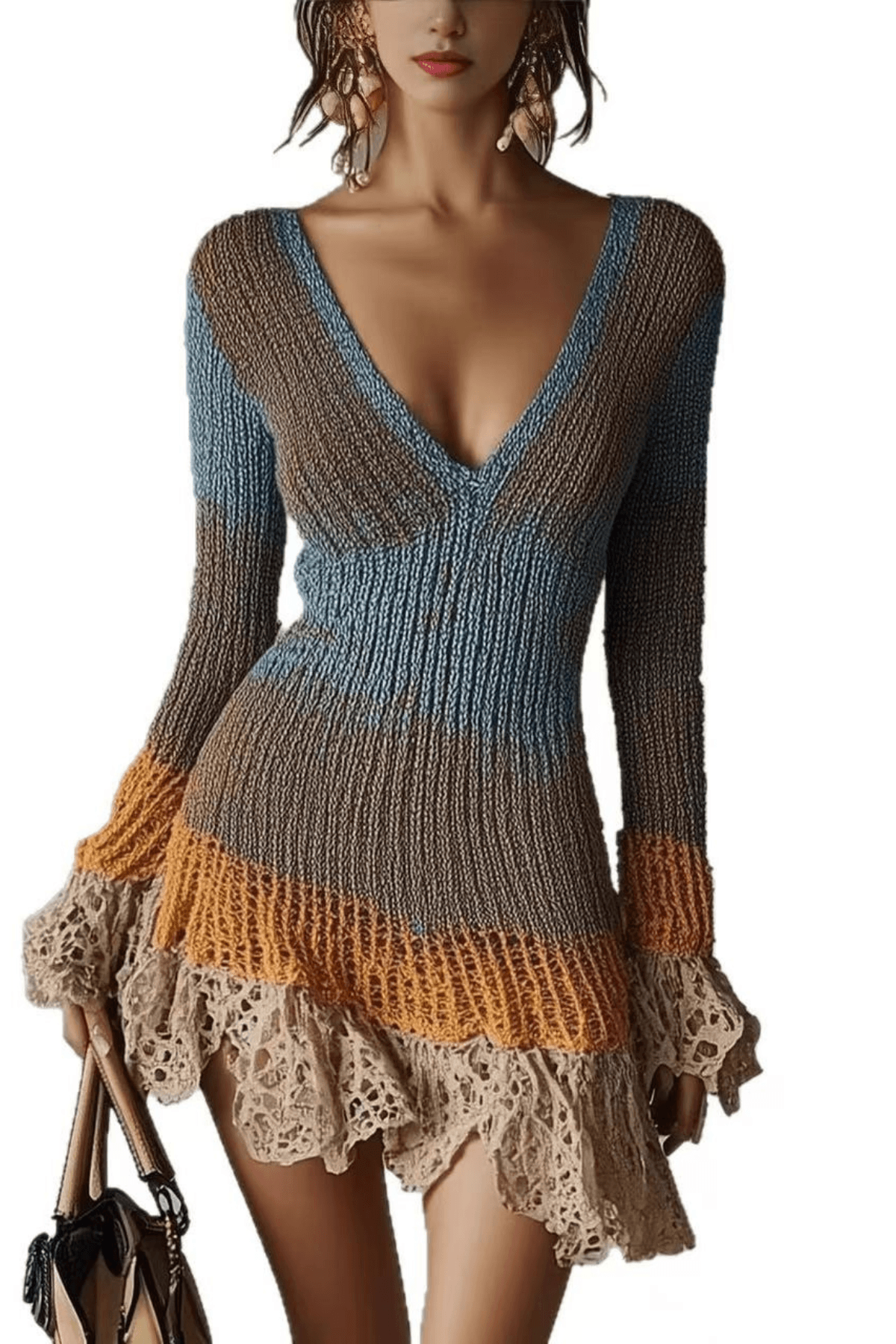 Adeline Patchwork Knit Lace Ruffle Bodycon Mini Dress Avalabel