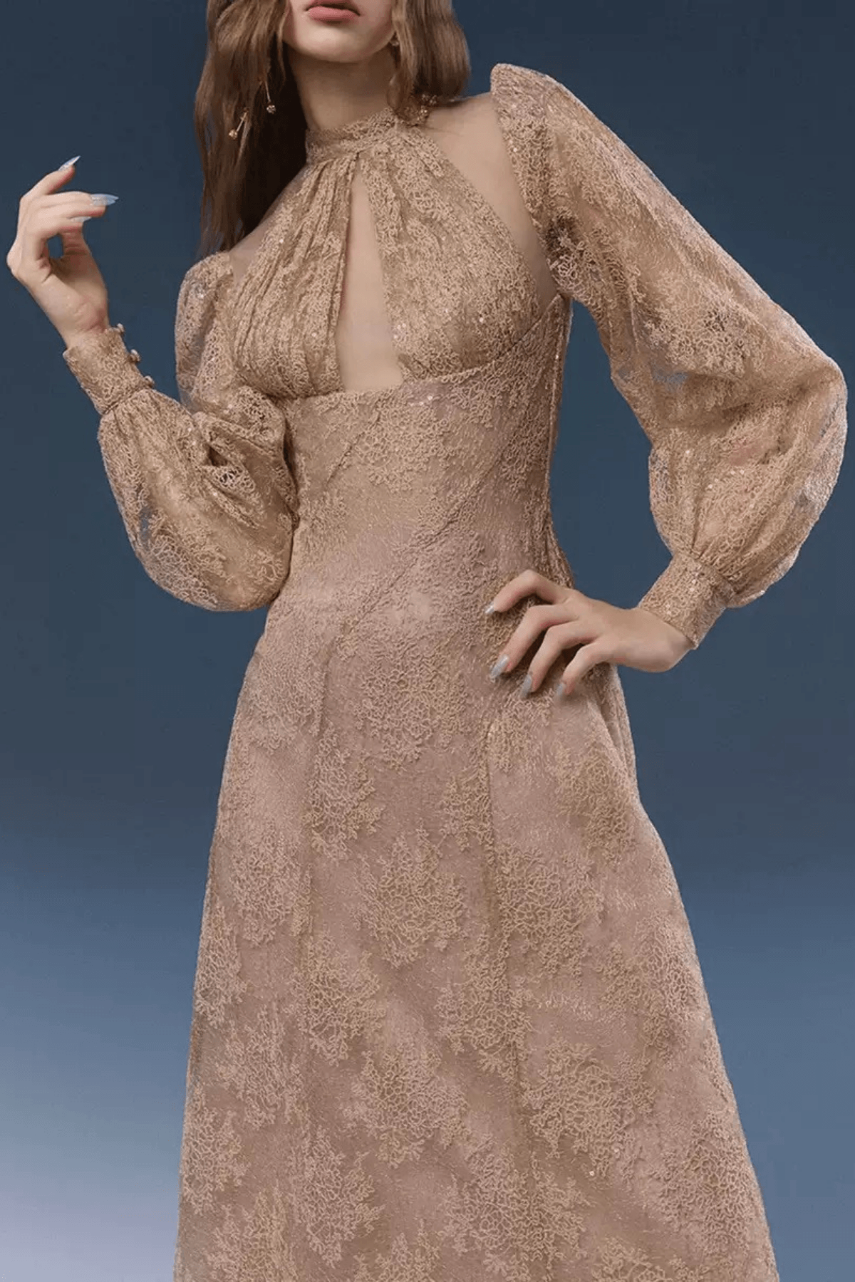 Elsa Puff Sleeve Gold Lace Maxi Dress Avalabel