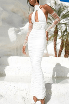 Karin White Halter Ruched Bodycon Maxi Dress Avalabel