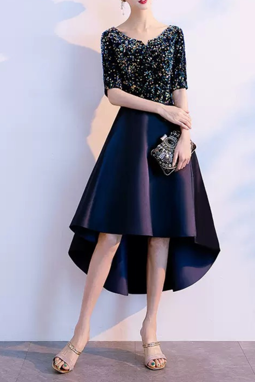 Penny Navy Sequin Velvet High‑Low Midi Dress Avalabel