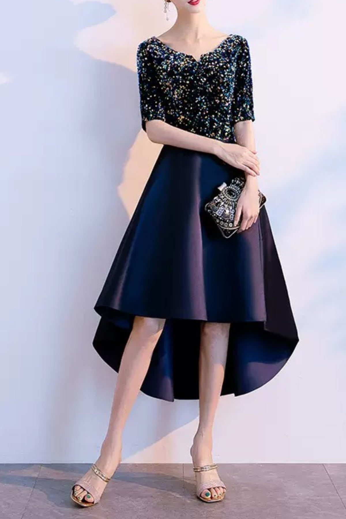 Penny Navy Sequin Velvet High‑Low Midi Dress Avalabel