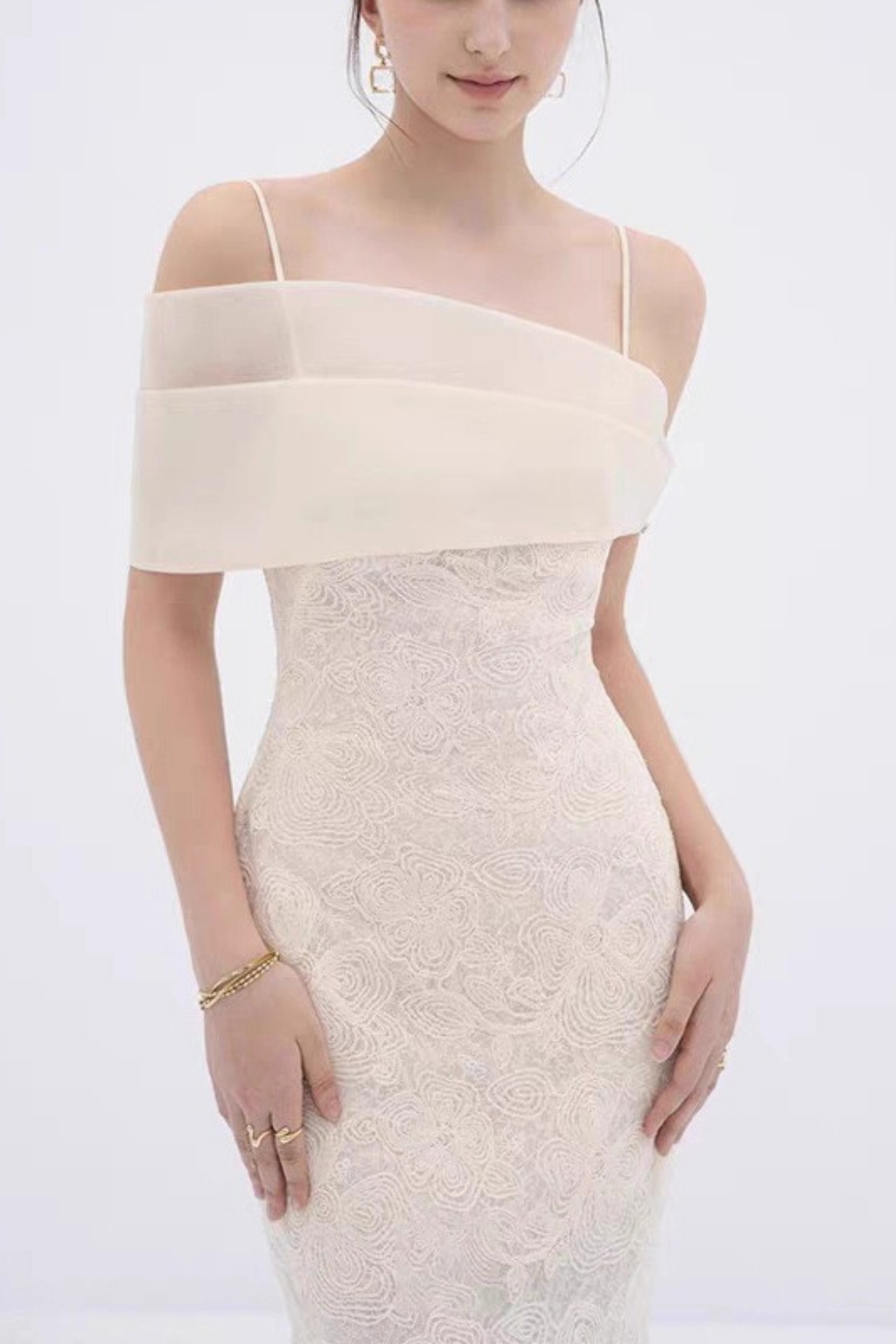 Hazel Asymmetrical Off Shoulder Spaghetti Strap Lace Midi Formal Dress Avalabel
