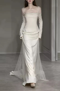 White Sheer Long Sleeve Draped Train Maxi Dress Avalabel