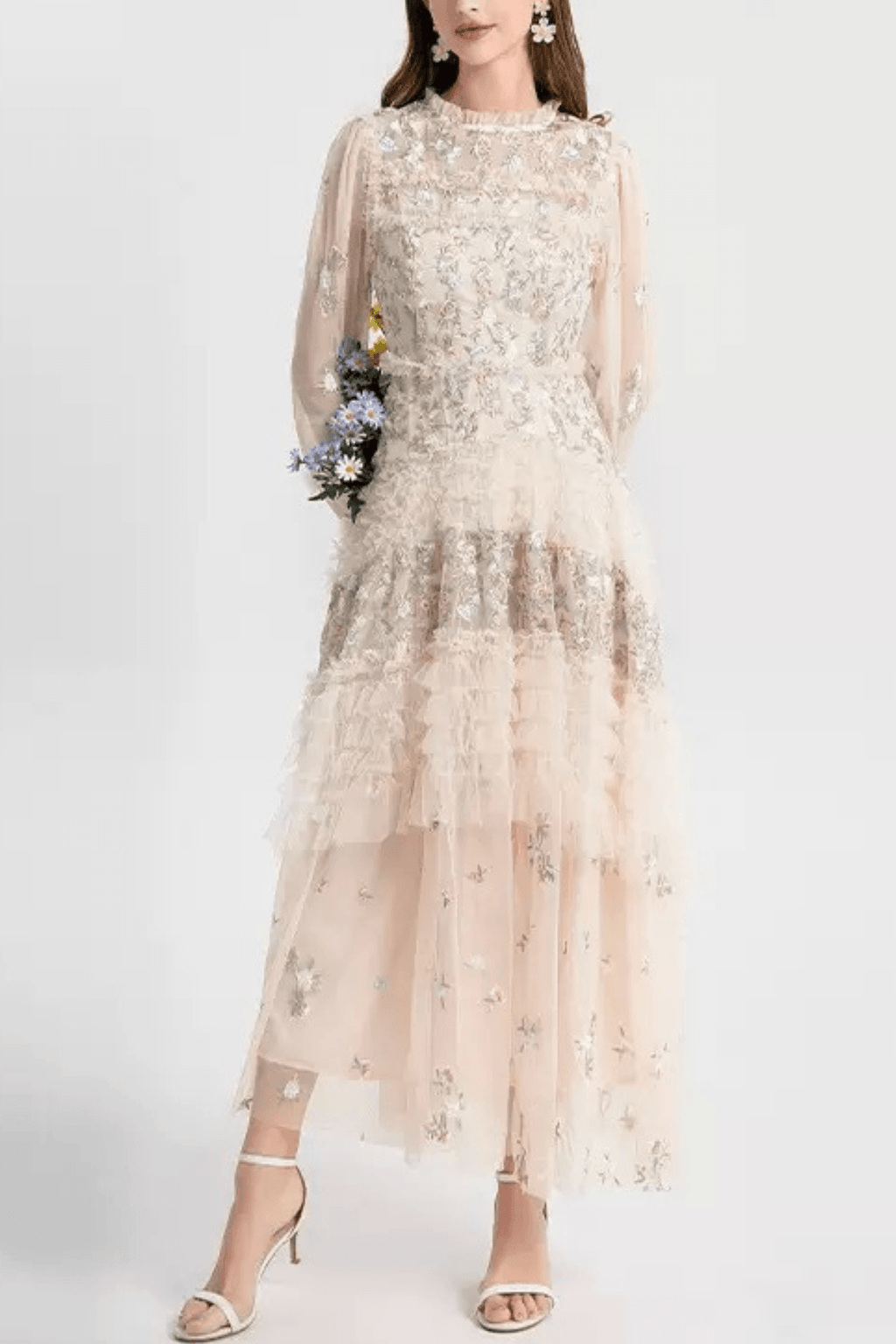 Lily Champagne Floral Embroidered Tiered Tulle Maxi Dress Avalabel