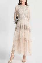 Lily Champagne Floral Embroidered Tiered Tulle Maxi Dress Avalabel