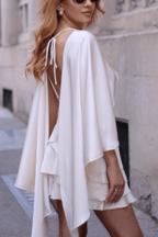 Adora White Cape Sleeve Open Back Ruffle Mini Dress Avalabel