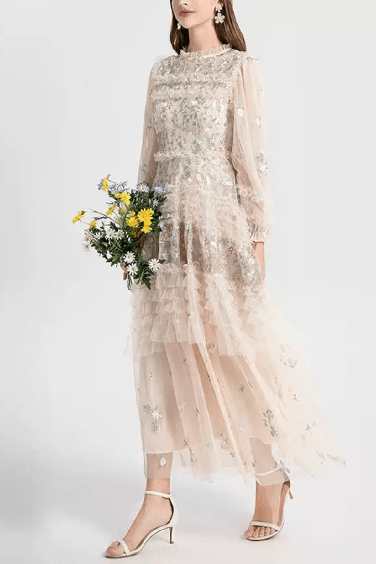 Lily Champagne Floral Embroidered Tiered Tulle Maxi Dress Avalabel