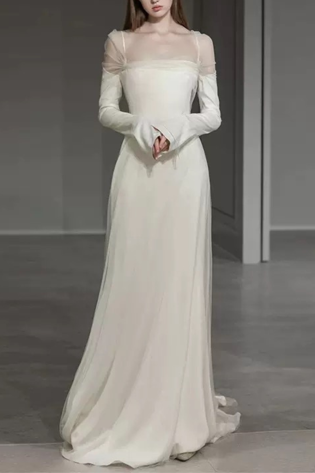 White Sheer Long Sleeve Draped Train Maxi Dress Avalabel