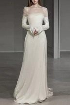 White Sheer Long Sleeve Draped Train Maxi Dress Avalabel