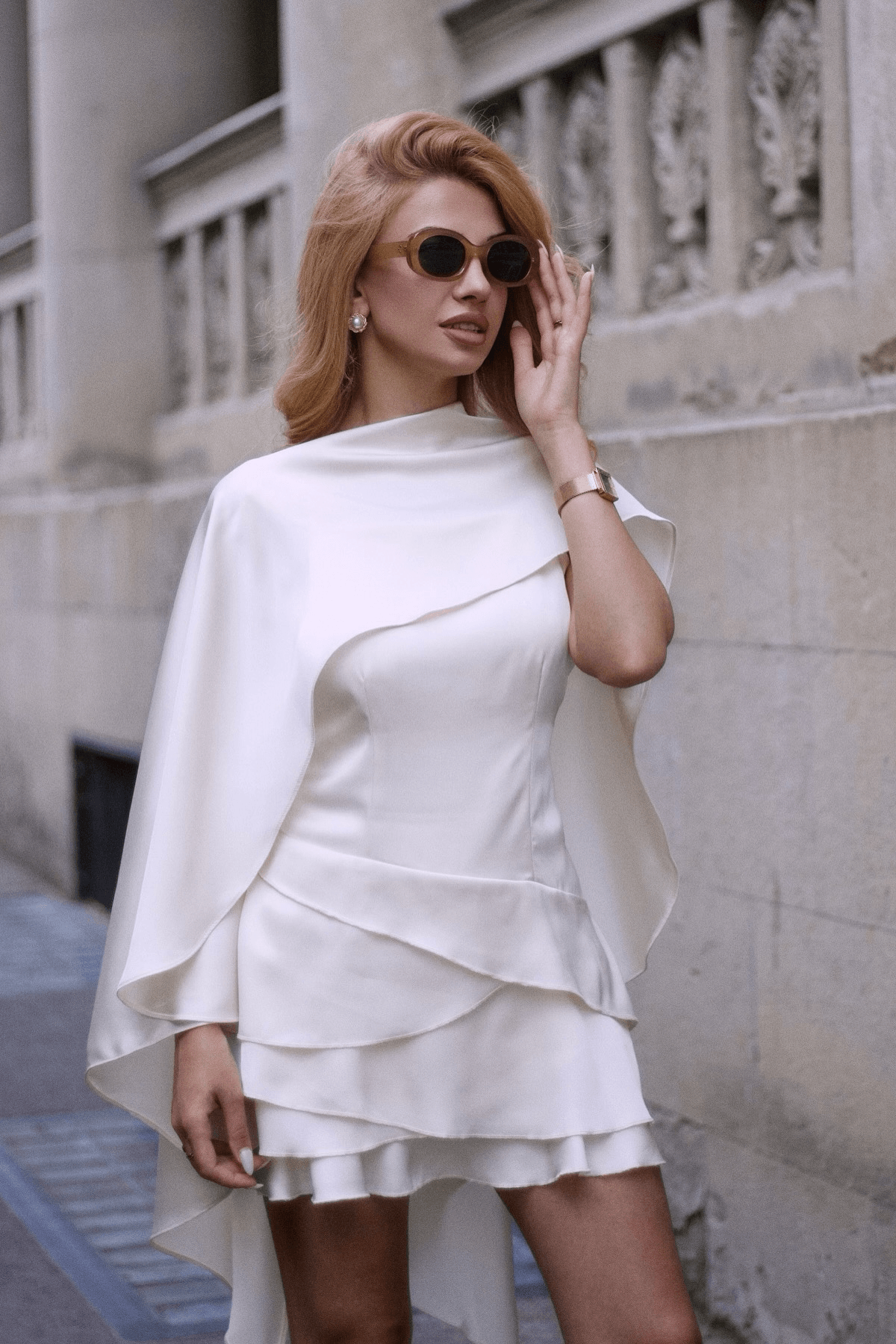 Adora White Cape Sleeve Open Back Ruffle Mini Dress Avalabel