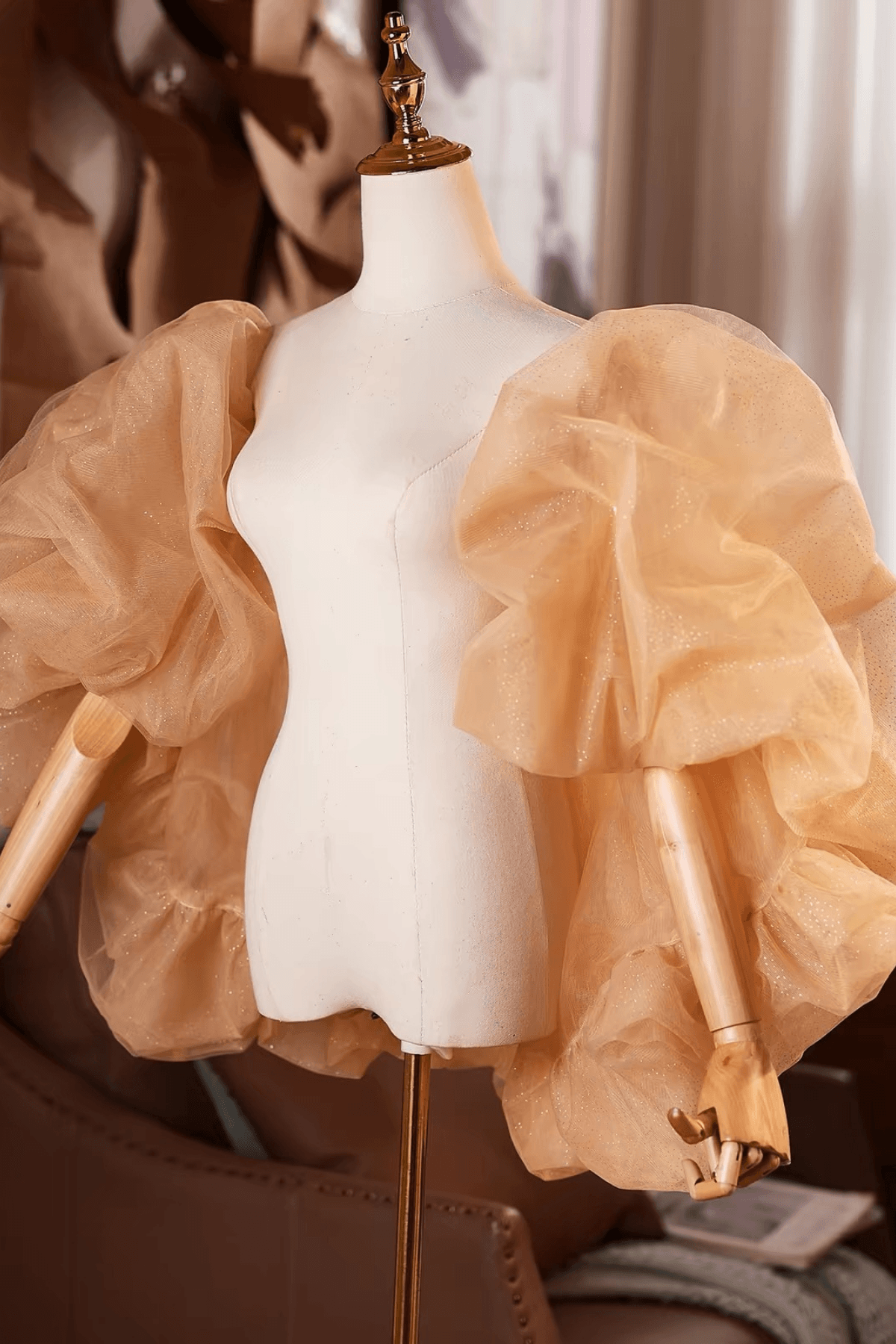 Champagne Glitter Tulle Puff Sleeve Evening Shawl Avalabel